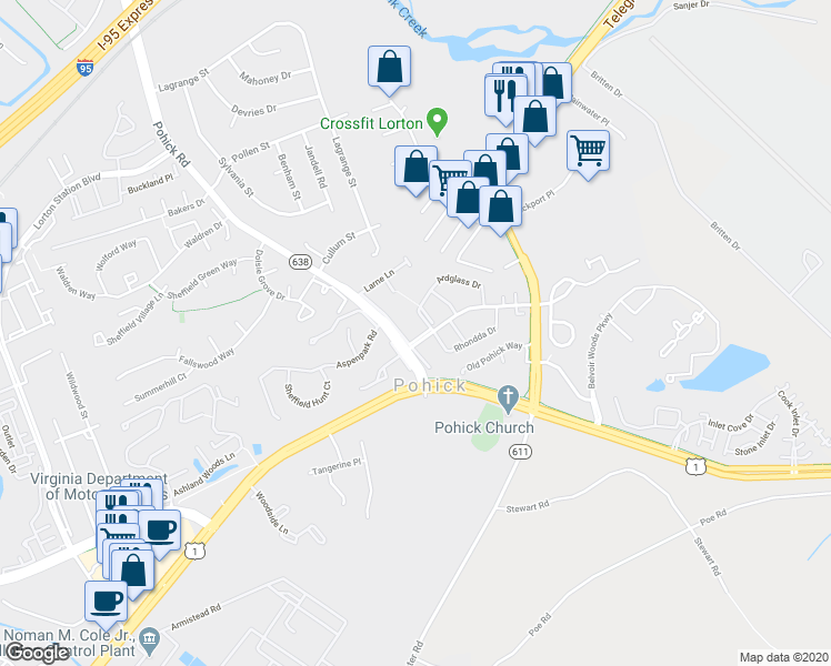 map of restaurants, bars, coffee shops, grocery stores, and more near 7410 Whernside Street in Lorton