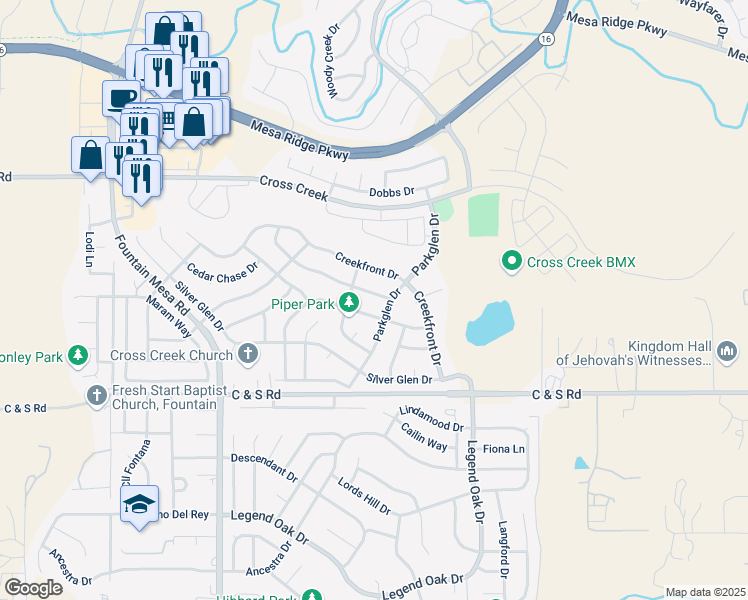 map of restaurants, bars, coffee shops, grocery stores, and more near 8458 Meadowcrest Drive in Fountain