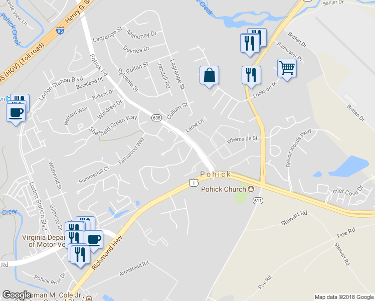 map of restaurants, bars, coffee shops, grocery stores, and more near 7404 Aspenpark Road in Lorton