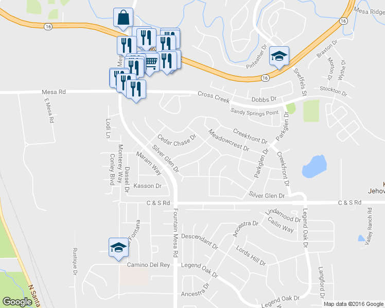 map of restaurants, bars, coffee shops, grocery stores, and more near 7305 Village Meadows Drive in Fountain