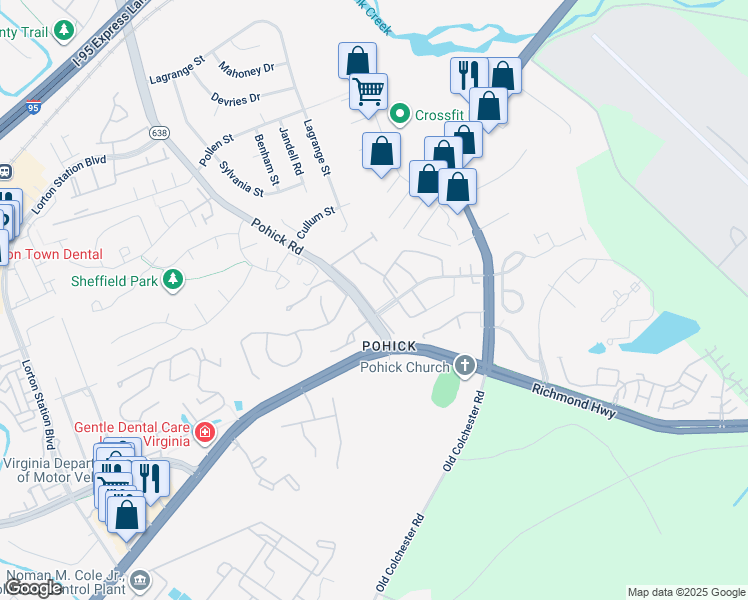 map of restaurants, bars, coffee shops, grocery stores, and more near 7422 Pohick Rd in Lorton