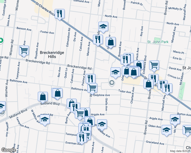 map of restaurants, bars, coffee shops, grocery stores, and more near 3114 Woodson Road in Breckenridge Hills