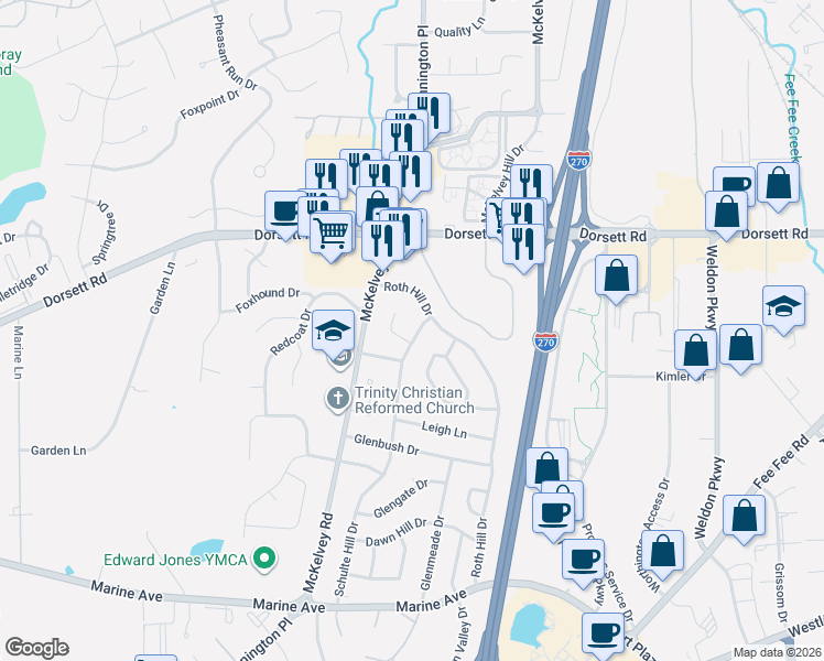 map of restaurants, bars, coffee shops, grocery stores, and more near 1867 Schulte Hill Drive in Maryland Heights