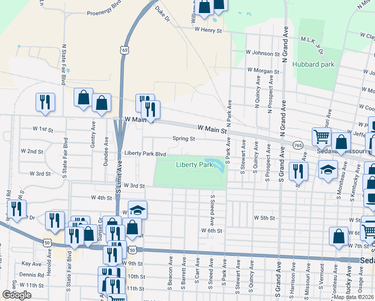 map of restaurants, bars, coffee shops, grocery stores, and more near 1402 Liberty Park Boulevard in Sedalia