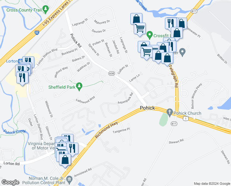 map of restaurants, bars, coffee shops, grocery stores, and more near 7468 Wounded Knee Road in Lorton