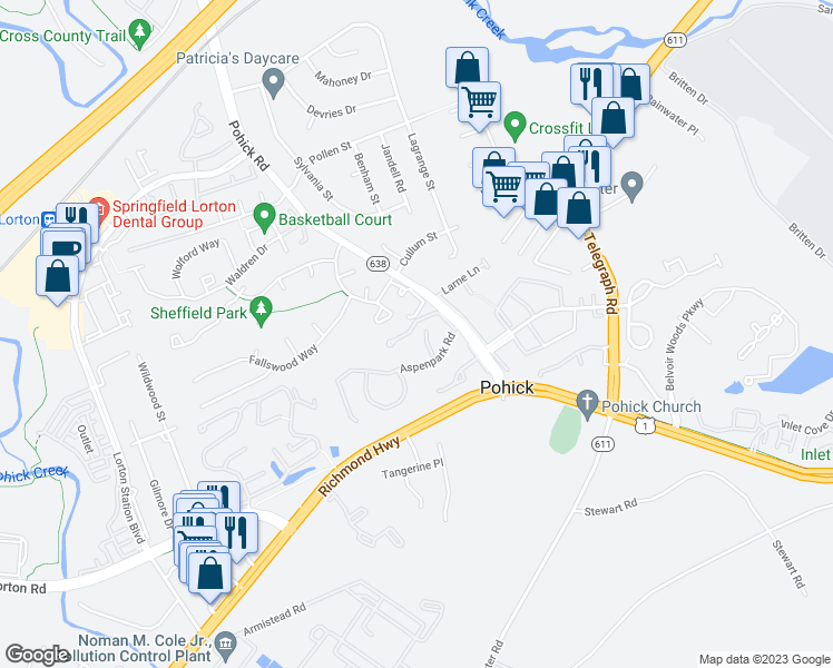 map of restaurants, bars, coffee shops, grocery stores, and more near 7475 Wounded Knee Road in Lorton