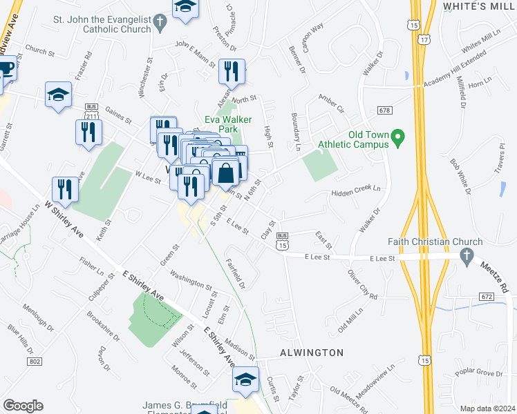 map of restaurants, bars, coffee shops, grocery stores, and more near 7 North Calhoun Street in Warrenton