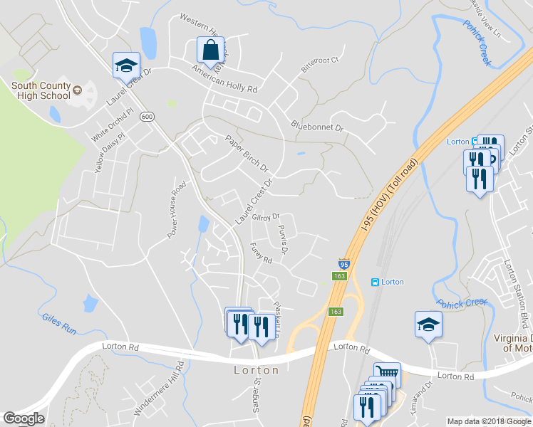 map of restaurants, bars, coffee shops, grocery stores, and more near 8152 Gilroy Drive in Lorton