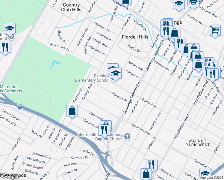 map of restaurants, bars, coffee shops, grocery stores, and more near 7040 Emma Avenue in Jennings