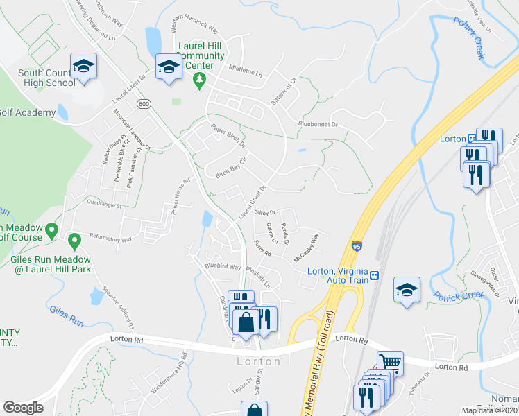 map of restaurants, bars, coffee shops, grocery stores, and more near 8164 Gilroy Drive in Lorton