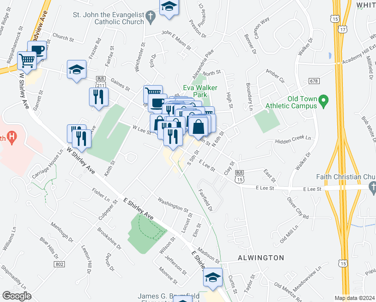 map of restaurants, bars, coffee shops, grocery stores, and more near 87 East Lee Street in Warrenton