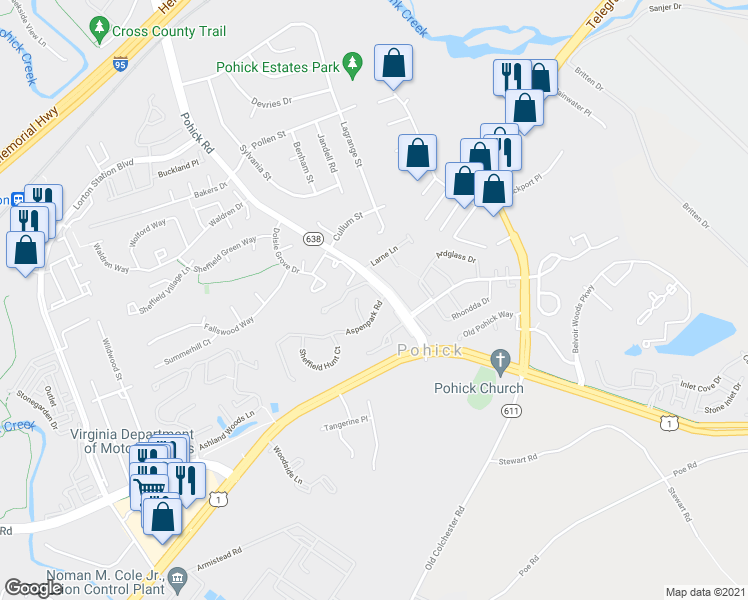 map of restaurants, bars, coffee shops, grocery stores, and more near 7404 Aspenpark Road in Lorton
