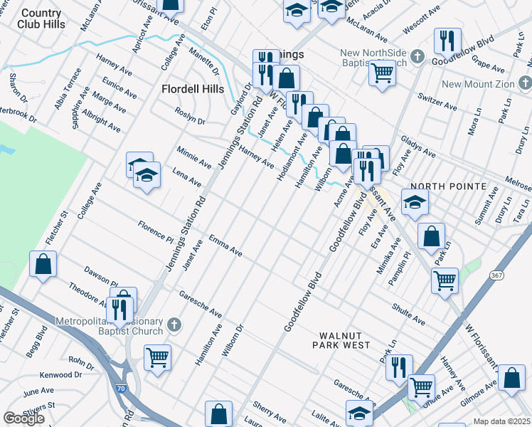 map of restaurants, bars, coffee shops, grocery stores, and more near 5616 Hodiamont Avenue in Jennings