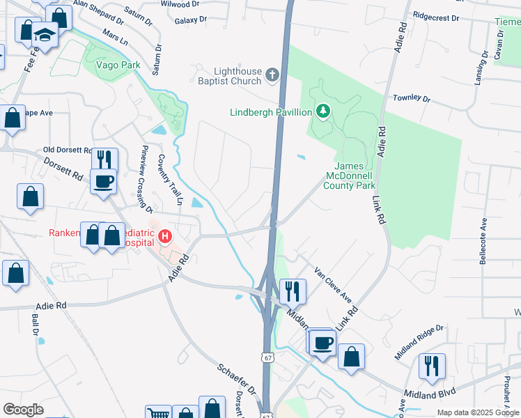 map of restaurants, bars, coffee shops, grocery stores, and more near 11326 Bonanza Drive in Maryland Heights