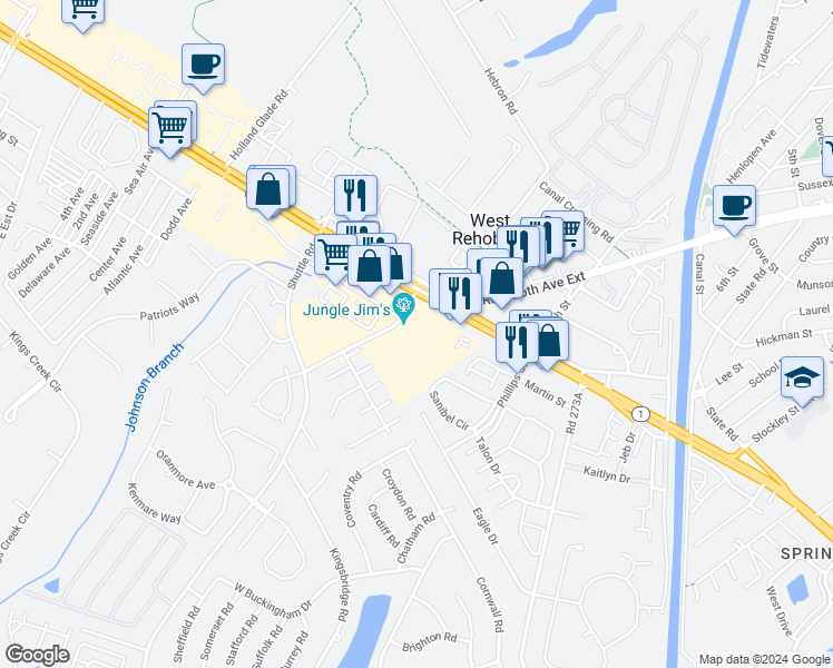 map of restaurants, bars, coffee shops, grocery stores, and more near 36944 Country Club Road in Rehoboth Beach