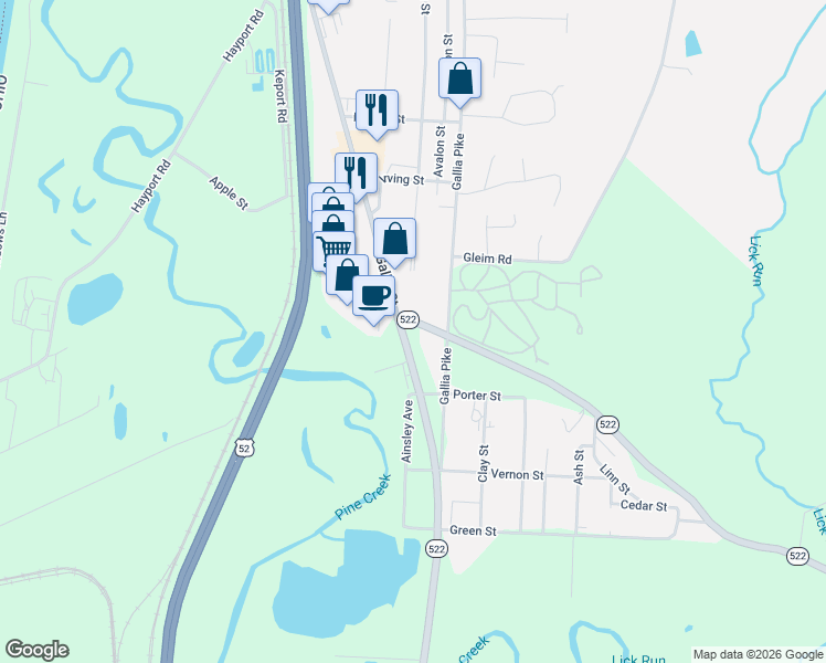 map of restaurants, bars, coffee shops, grocery stores, and more near 11800 Gallia Street in Wheelersburg