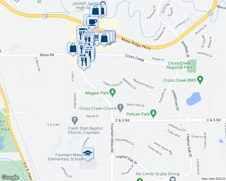 map of restaurants, bars, coffee shops, grocery stores, and more near 7246 Village Meadows Drive in Fountain