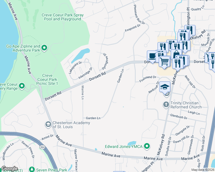 map of restaurants, bars, coffee shops, grocery stores, and more near 12870 Dorsett Road in Maryland Heights