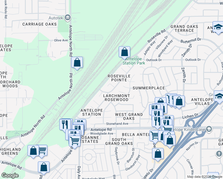 map of restaurants, bars, coffee shops, grocery stores, and more near 6038 Bach Court in Citrus Heights