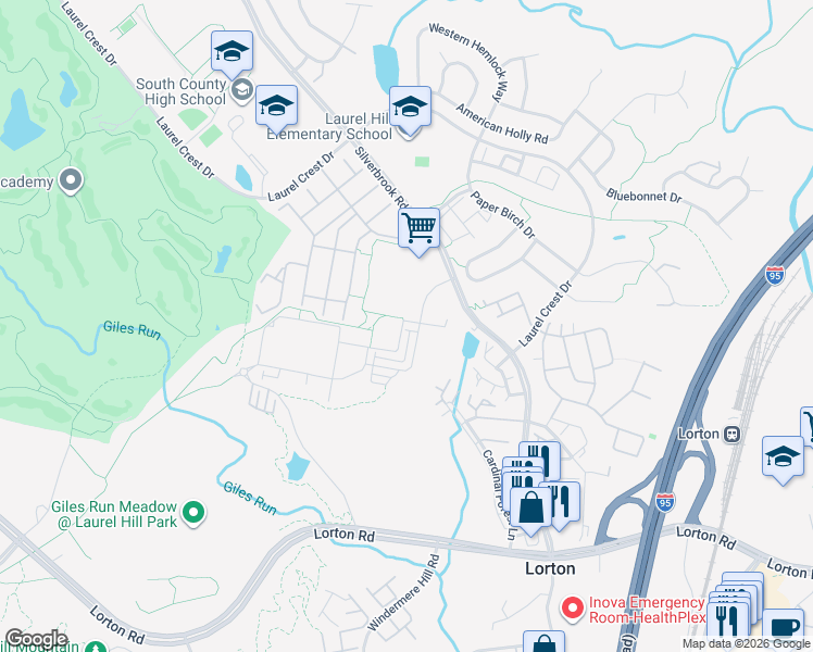 map of restaurants, bars, coffee shops, grocery stores, and more near 8369 Sallyport Street in Lorton