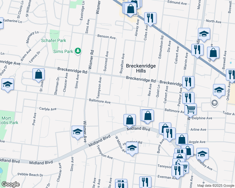 map of restaurants, bars, coffee shops, grocery stores, and more near 9609 Deporres Lane in Breckenridge Hills