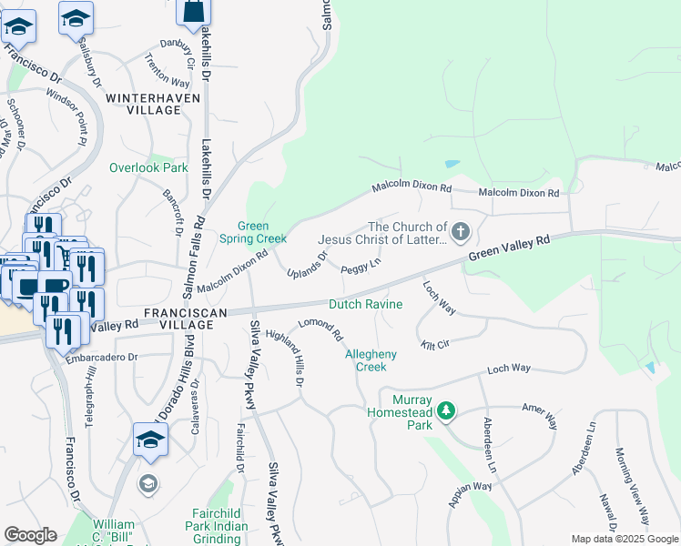 map of restaurants, bars, coffee shops, grocery stores, and more near 2210 Peggy Lane in El Dorado Hills