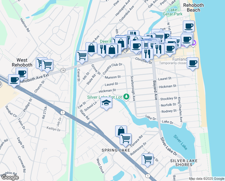 map of restaurants, bars, coffee shops, grocery stores, and more near 500 Stockley Street in Rehoboth Beach