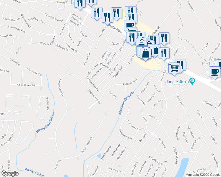 map of restaurants, bars, coffee shops, grocery stores, and more near 27 Patriots Way in Rehoboth Beach