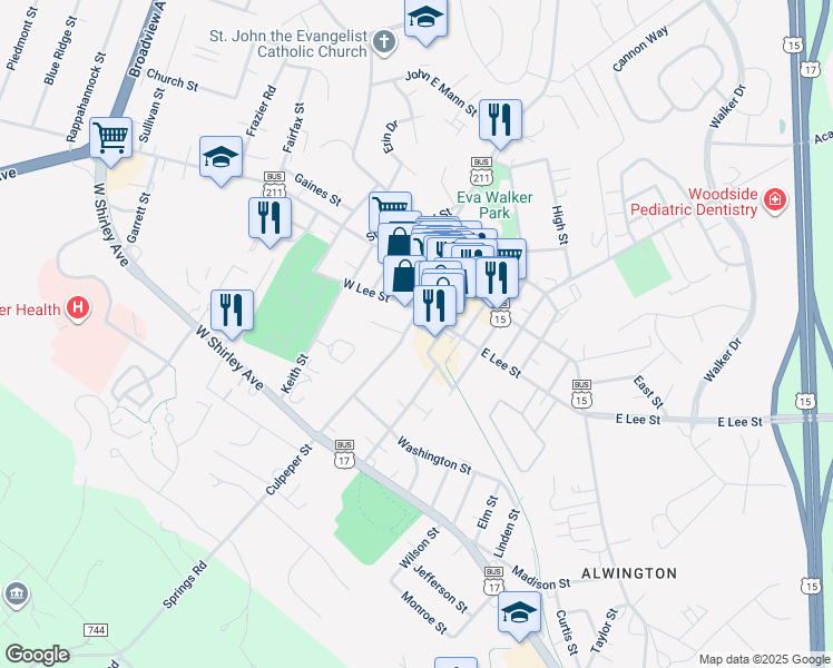 map of restaurants, bars, coffee shops, grocery stores, and more near 73 Culpeper Street in Warrenton