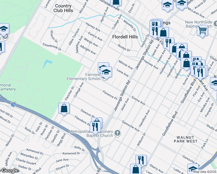 map of restaurants, bars, coffee shops, grocery stores, and more near 7040 Emma Avenue in Jennings