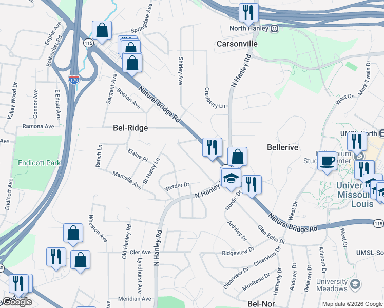 map of restaurants, bars, coffee shops, grocery stores, and more near 8741 Trumbell Avenue in St. Louis