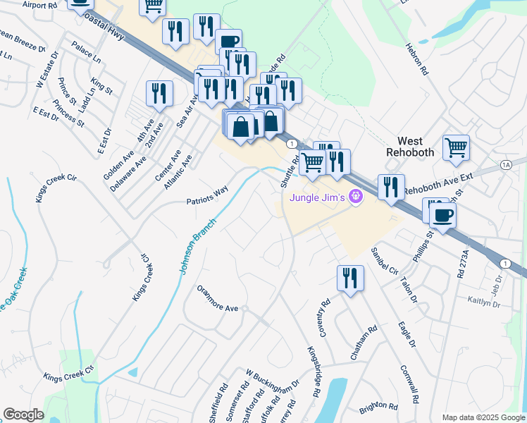 map of restaurants, bars, coffee shops, grocery stores, and more near 36233 Farm Lane in Rehoboth Beach
