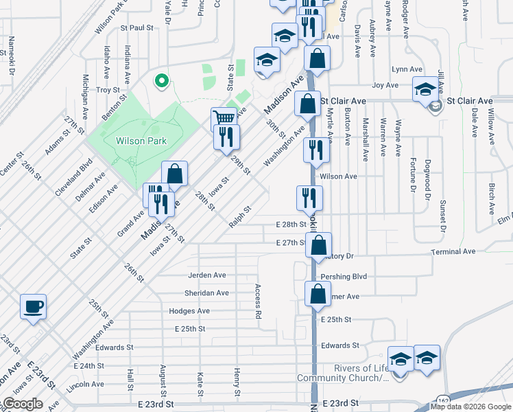 map of restaurants, bars, coffee shops, grocery stores, and more near 2852 Ralph Street in Granite City