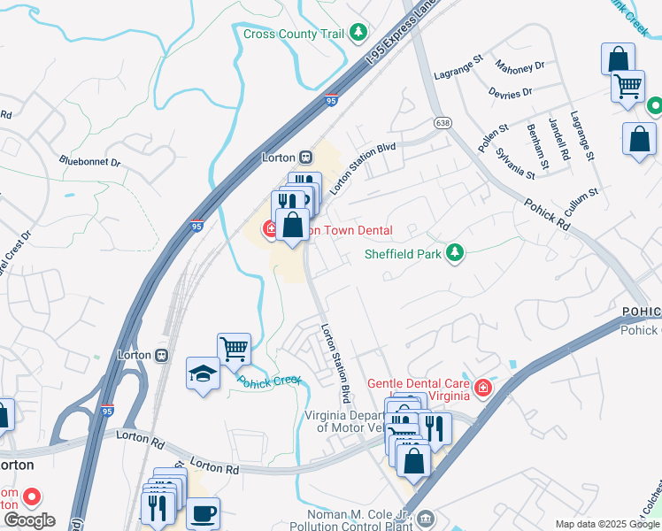 map of restaurants, bars, coffee shops, grocery stores, and more near 9095 Arch Hall Road in Lorton