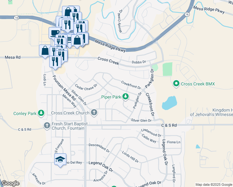 map of restaurants, bars, coffee shops, grocery stores, and more near 7454 Bentwater Drive in Fountain