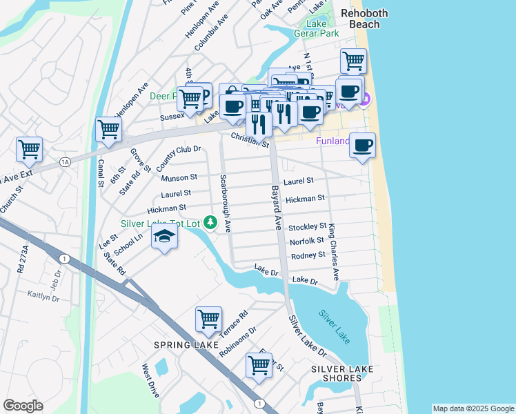 map of restaurants, bars, coffee shops, grocery stores, and more near 38447 Carolina Street in Dewey Beach