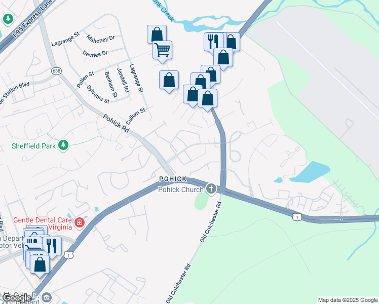 map of restaurants, bars, coffee shops, grocery stores, and more near 7419 Wilma Lane in Lorton