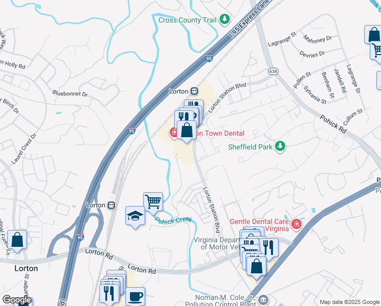 map of restaurants, bars, coffee shops, grocery stores, and more near 9020f Lorton Station Boulevard in Lorton