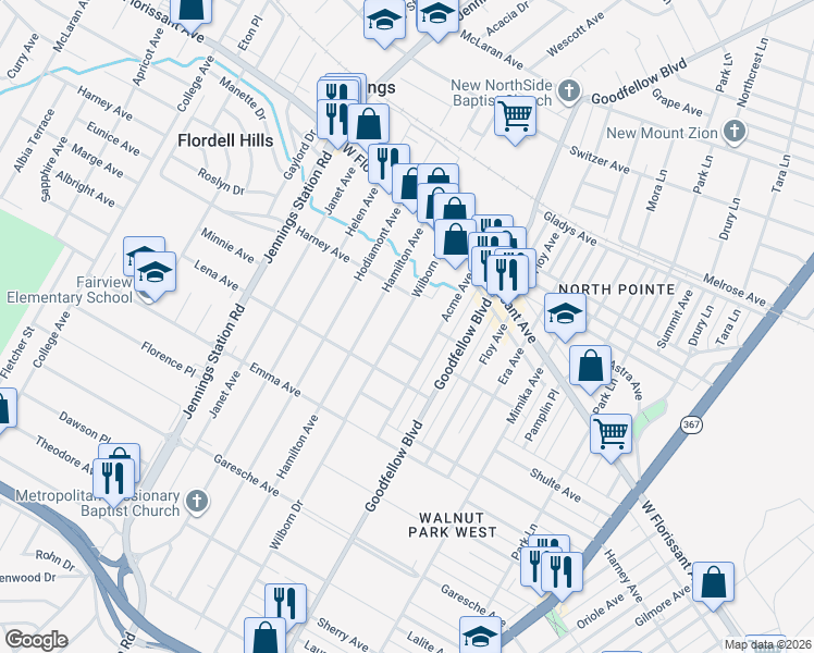 map of restaurants, bars, coffee shops, grocery stores, and more near 5654 Wilborn Drive in Jennings