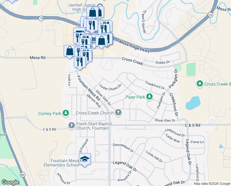 map of restaurants, bars, coffee shops, grocery stores, and more near 7286 Village Meadows Drive in Fountain