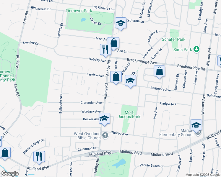map of restaurants, bars, coffee shops, grocery stores, and more near 3060 Ashby Road in Overland