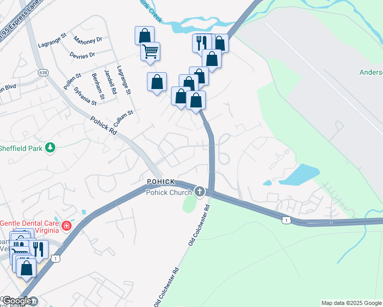 map of restaurants, bars, coffee shops, grocery stores, and more near 7312 Rhondda Drive in Lorton