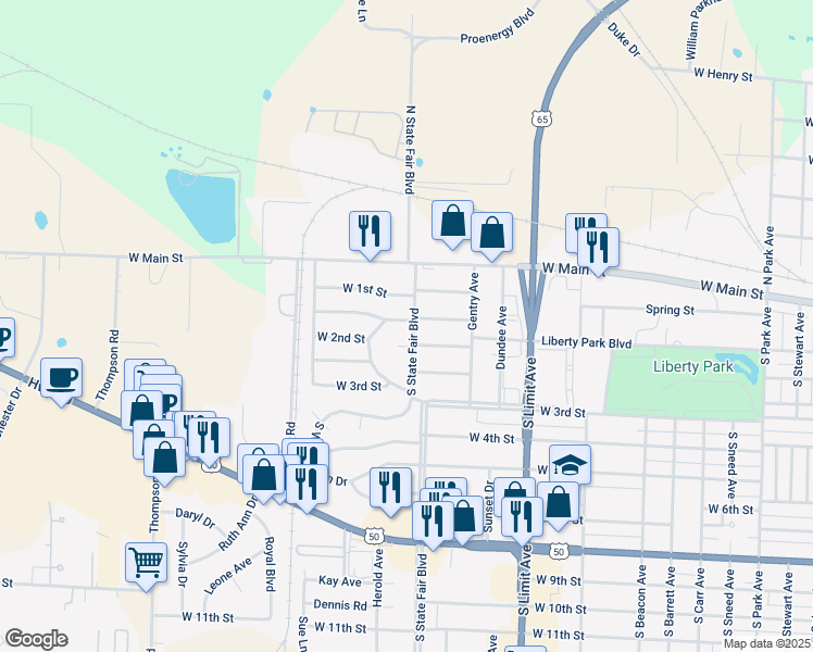 map of restaurants, bars, coffee shops, grocery stores, and more near 2301 West 1st Street Terrace in Sedalia