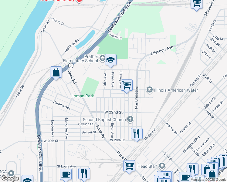map of restaurants, bars, coffee shops, grocery stores, and more near 2328 West 24th Street in Granite City