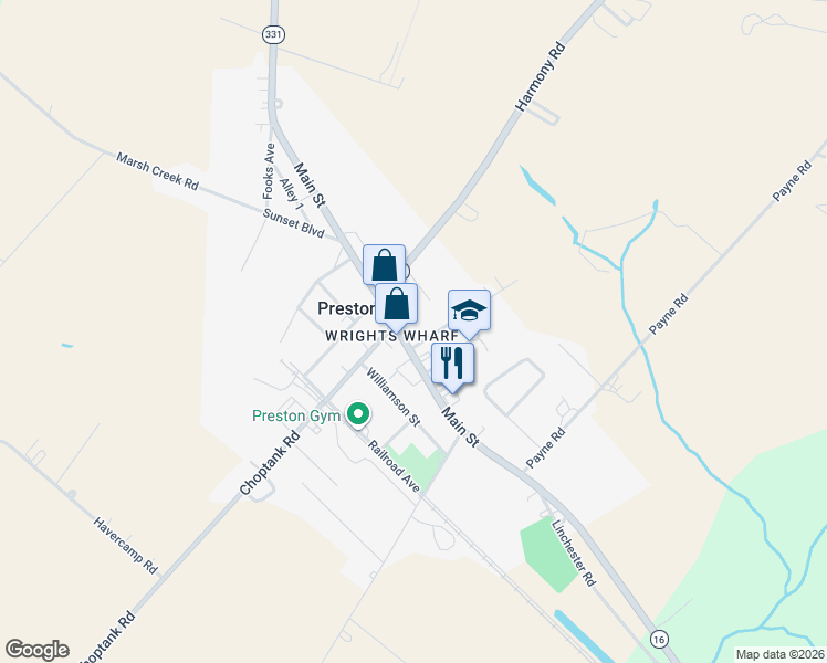 map of restaurants, bars, coffee shops, grocery stores, and more near 205 Main Street in Preston