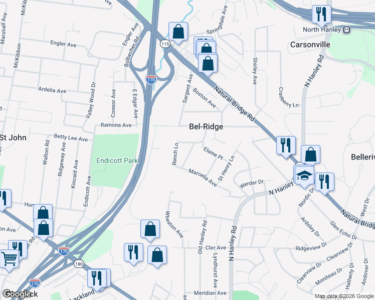 map of restaurants, bars, coffee shops, grocery stores, and more near 3428 Ranch Lane in St. Louis