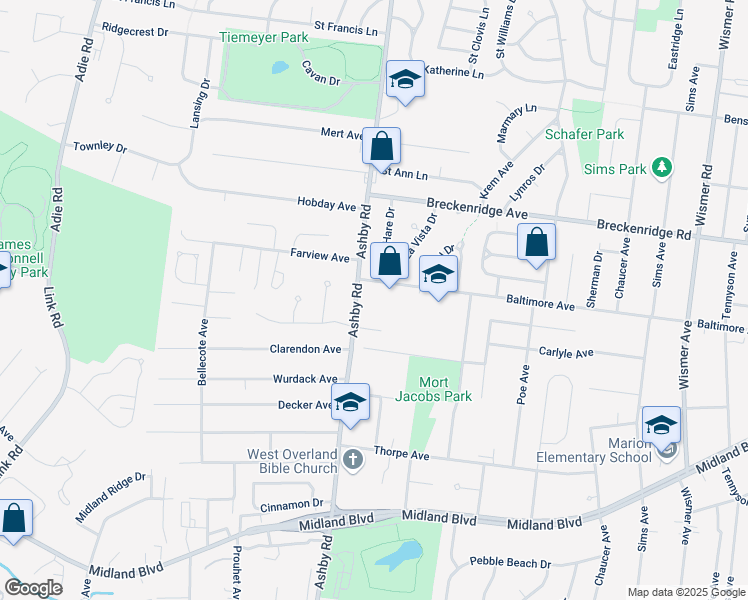 map of restaurants, bars, coffee shops, grocery stores, and more near 3060 Ashby Road in Overland