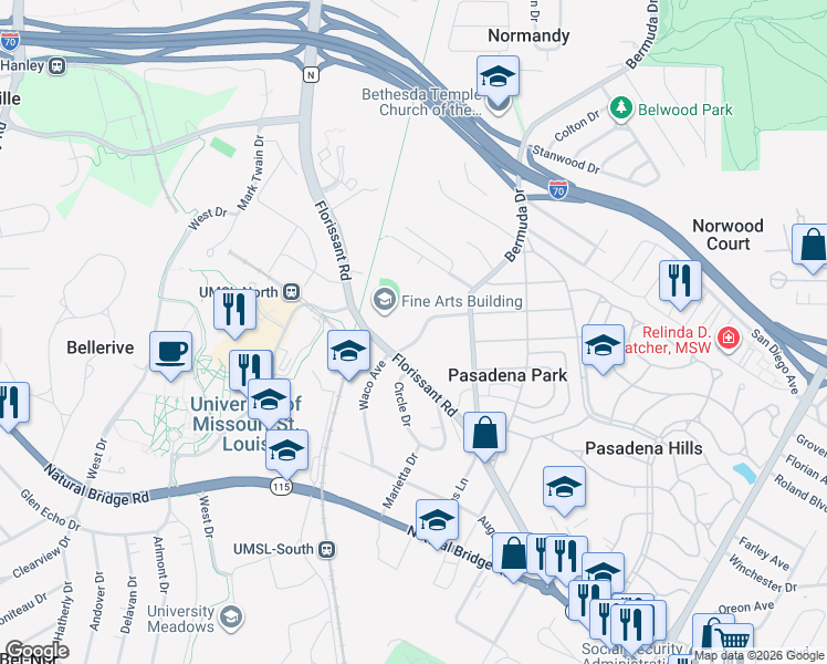 map of restaurants, bars, coffee shops, grocery stores, and more near 7809 Rosedale Drive in St. Louis
