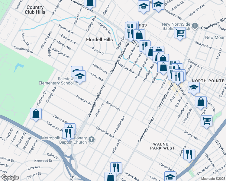 map of restaurants, bars, coffee shops, grocery stores, and more near 5540 Janet Avenue in Jennings