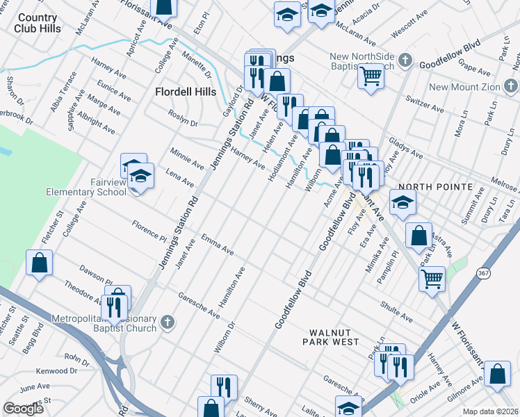 map of restaurants, bars, coffee shops, grocery stores, and more near 5616 Hodiamont Avenue in Jennings